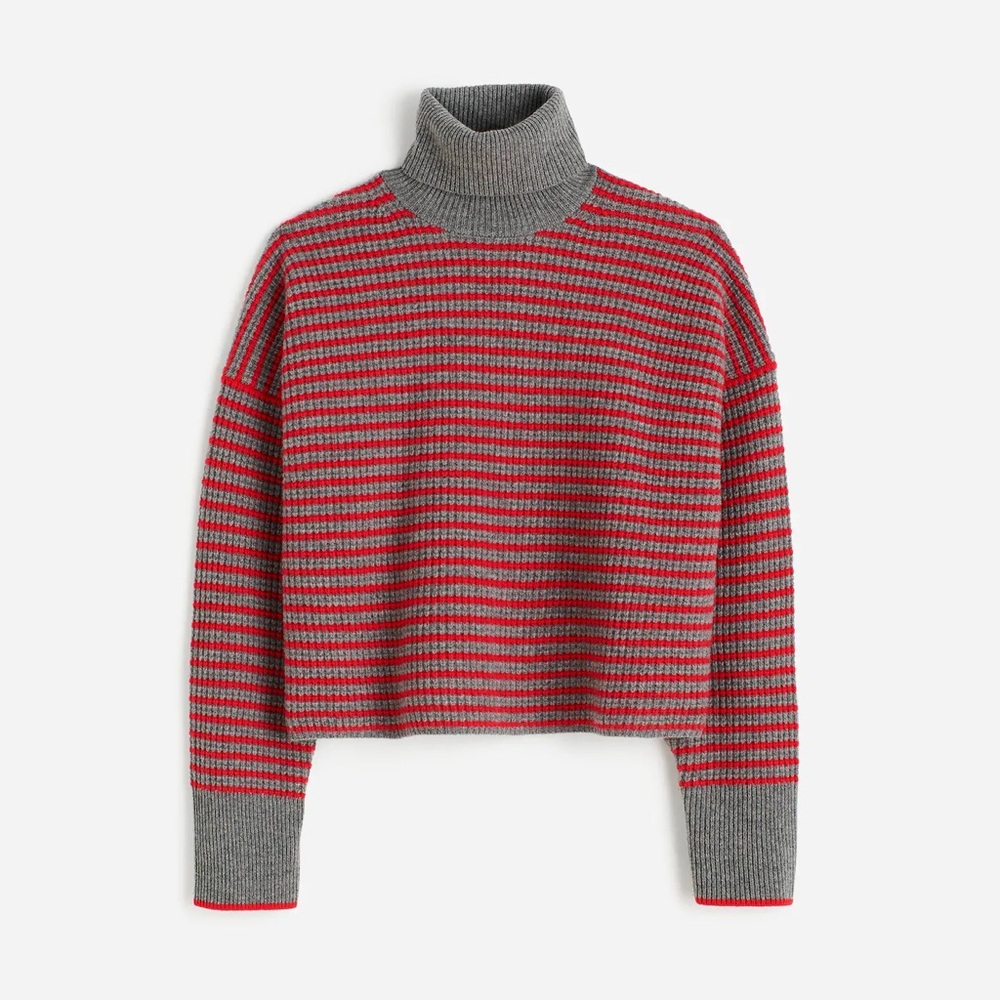 Madewell Merino Wool Waffle-Knit Turtleneck Gray & Red Stripe Size xxs NWT